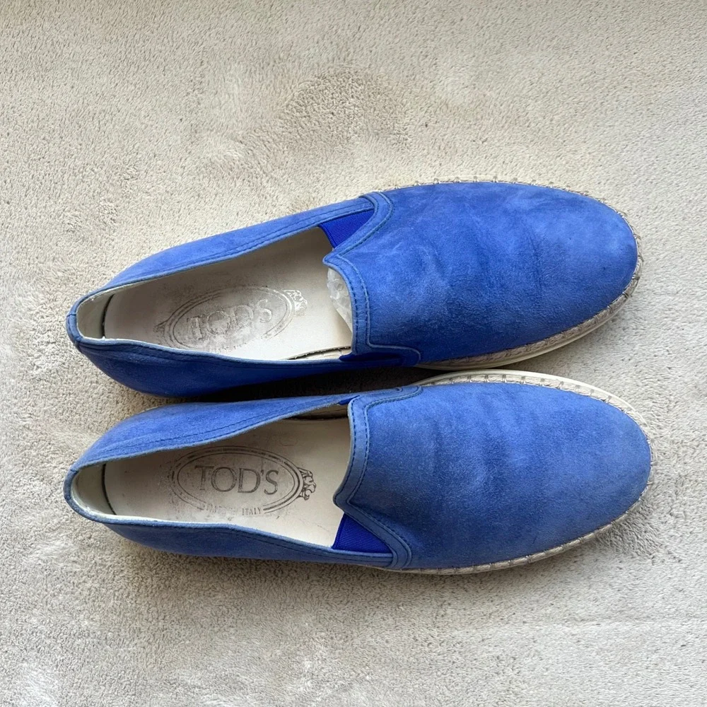 Tods Women 5.5 EU 36 Blue Suede Espadrille Slip On Sneaker Loafers Resort Travel